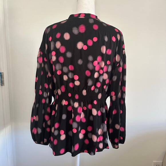 Diane Von Furstenberg black & pink polka dot long sleeve top size 8 - Picture 4 of 12